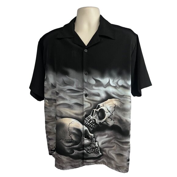 Rockhouse Roadhouse LA Mens Black Graphic Skulls Flames Button Up Shirt Medium